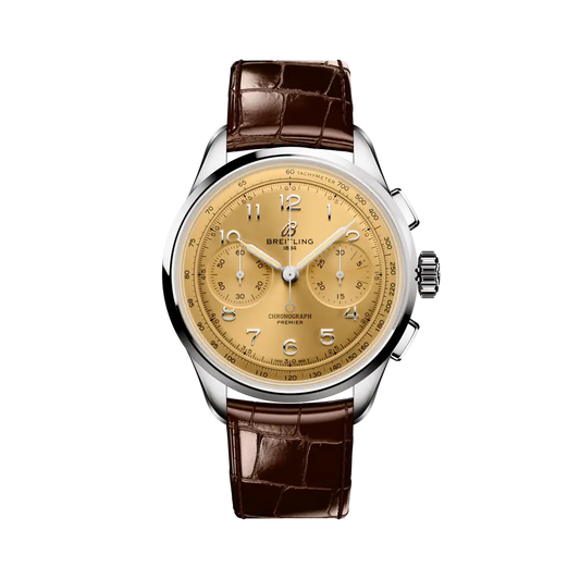 Breitling Premier B09 Chronograph 40 mm Yellow Glod Dial Stainless Steel Alligator Leather Brown Strap AB0930F51H1P1