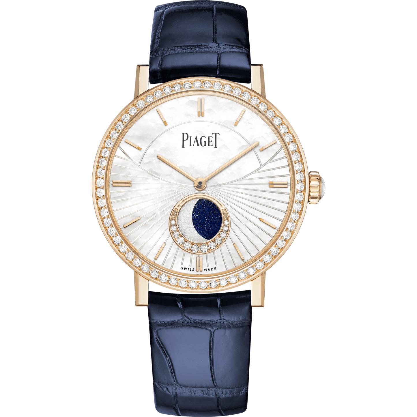 Piaget Altiplano Moonphase watch 36 mm White Mother-Of-Pearl Dial with Diamonds 18k Rose Gold Alligator Strap G0A47104