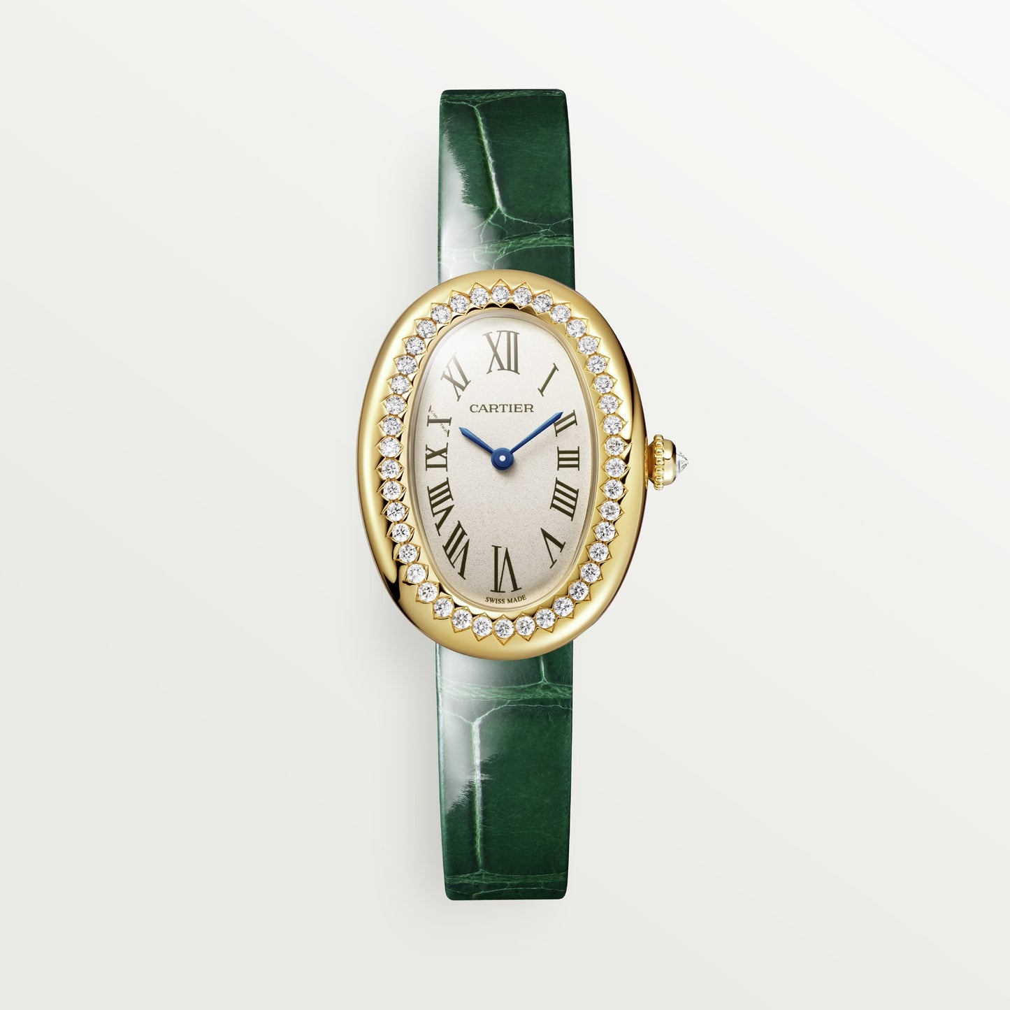 Cartier Baignoire Small 18k Yellow Gold Silver Dial Varnished Green Alligator Skin Strap WJBA0038