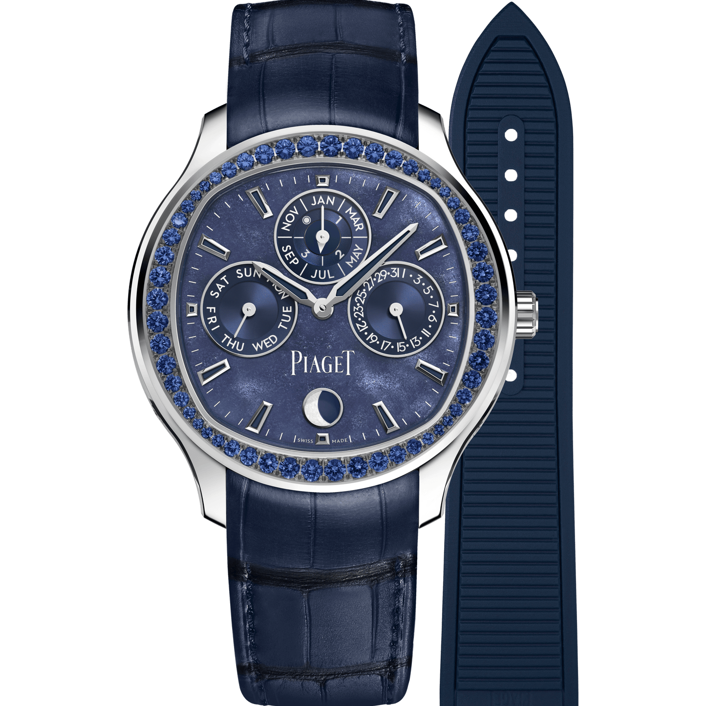 Piaget Piaget Polo Perpetual Calendar Ultra-Thin watch 42 mm Blue Dial with Diamonds 18K White Gold Alligator Strap G0A48007