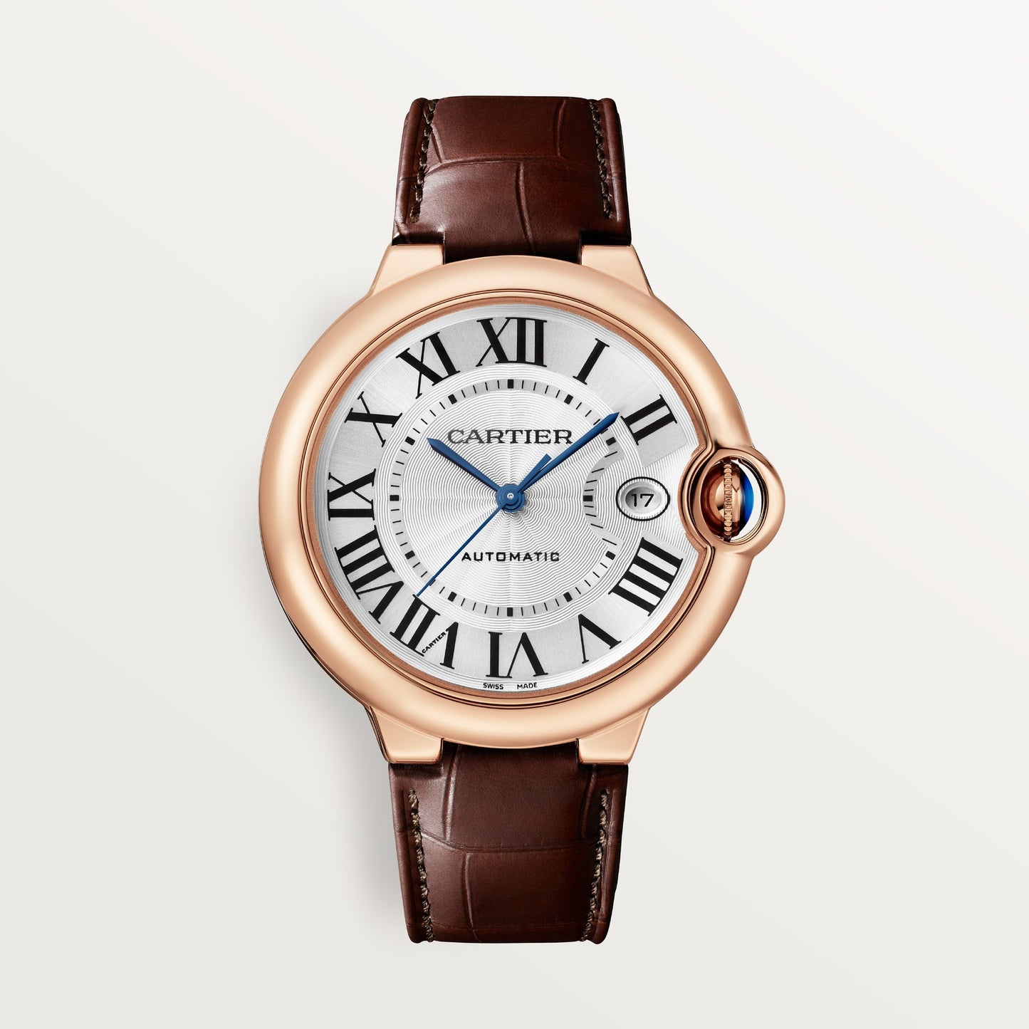 Cartier Ballon Bleu 40 mm 18k Rose Gold Silver Dial Brown Alligator Leather Strap WGBB0035