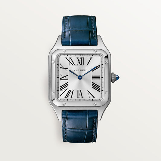 Cartier Santos Large Steel Silver Dial Navy Blue Alligator Leather WSSA0022