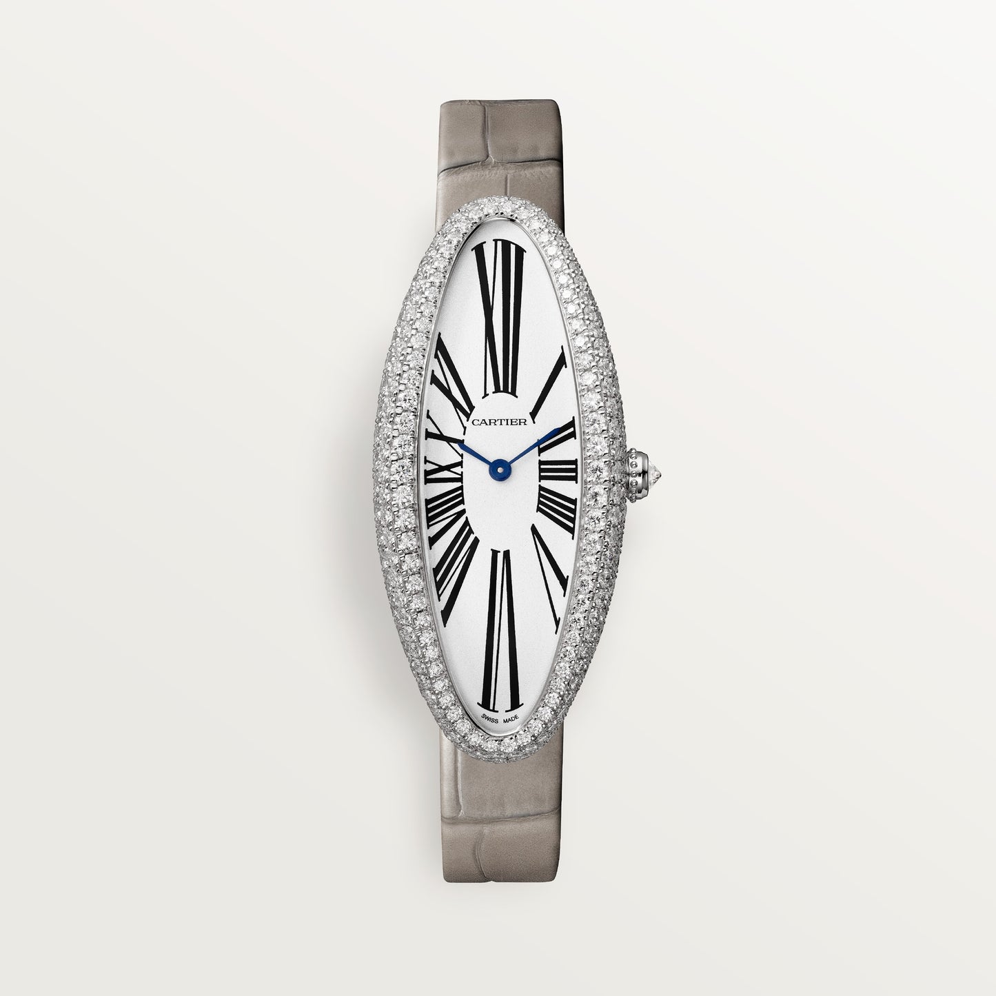 Cartier Baignoire Allongée Medium 18k White Gold Silver Dial Light Gray Alligator Leather