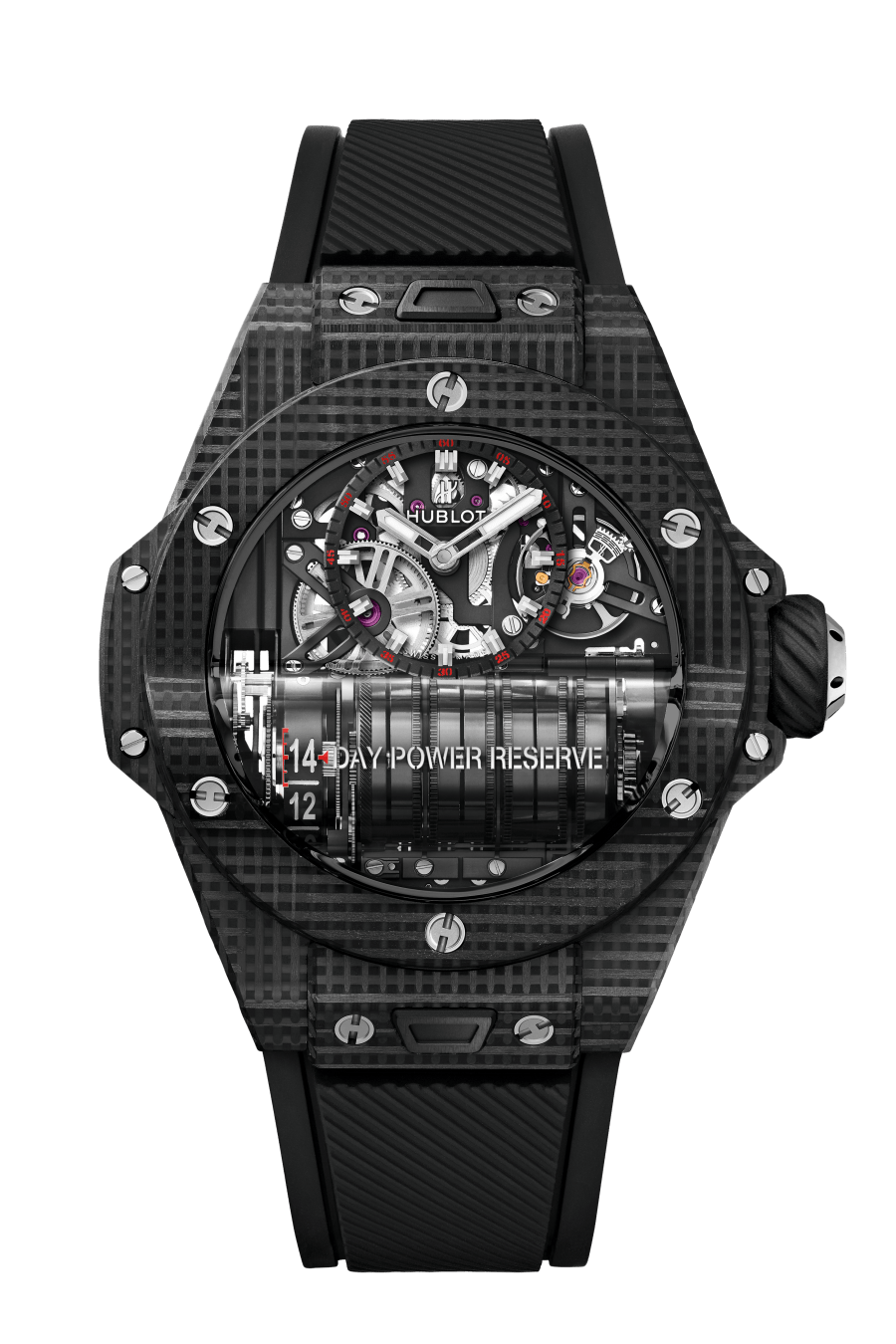 Hublot Big Bang MP-11 Power Reserve 14 Days 3D Carbon 45 mm Transparent Dial 3D Carbon Fiber Rubber Strap 911.QD.0123.RX