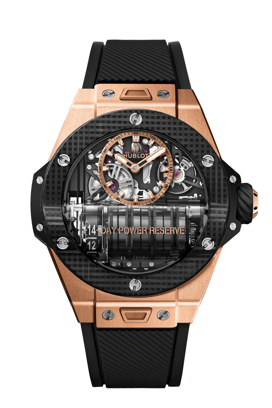 Hublot Big Bang MP-11 Power Reserve 14 Days King Gold 3D Carbon 45 mm Transparent Dial Polished 18K King Gold Rubber Strap 911.OQ.0118.RX