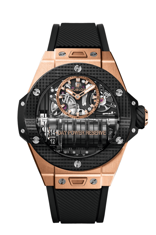 Hublot Big Bang MP-11 Power Reserve 14 Days King Gold 3D Carbon 45 mm Transparent Dial Polished 18K King Gold Rubber Strap 911.OQ.0118.RX