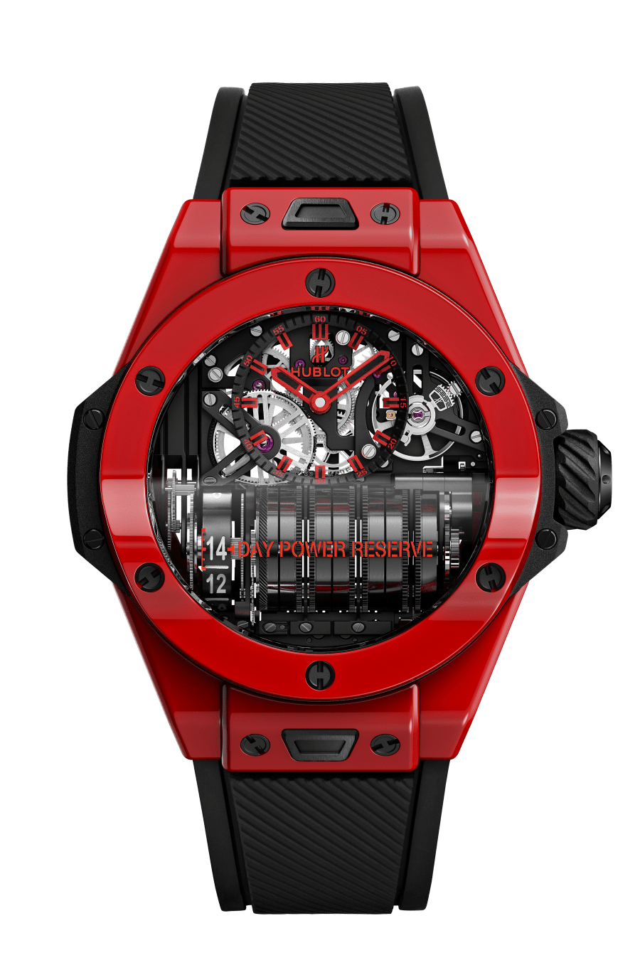 Hublot Big Bang MP-11 Power Reserve 14 Days Red Magic 45 mm Transparent Dial Polished Red Ceramic Rubber Strap 911.CF.0113.RX