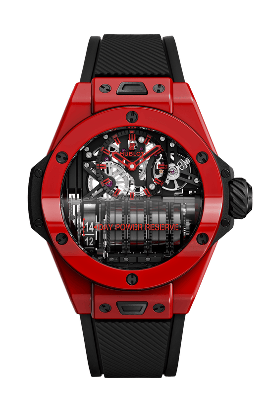 Hublot Big Bang MP-11 Power Reserve 14 Days Red Magic 45 mm Transparent Dial Polished Red Ceramic Rubber Strap 911.CF.0113.RX