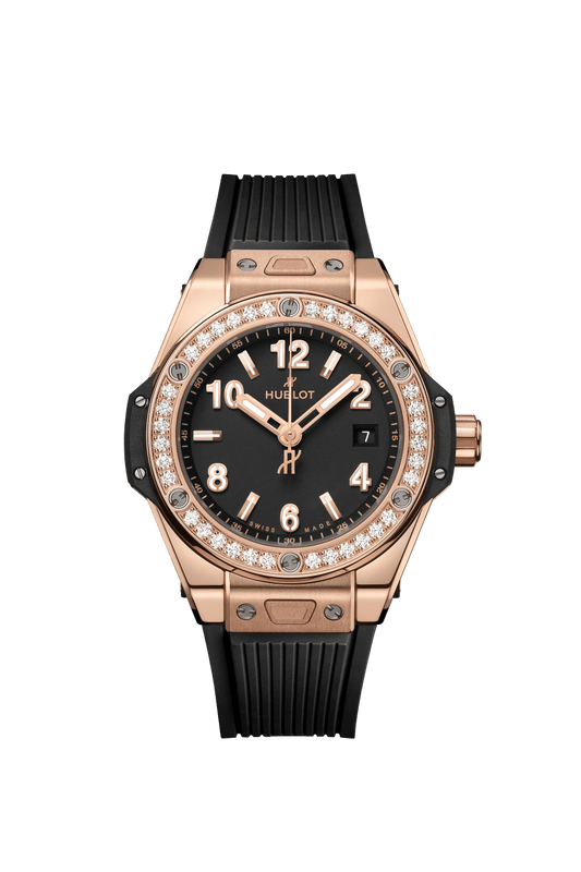 Hublot Big Bang One Click King Gold Diamonds 33 mm Black Dial with Diamonds Polished 18K King Gold Rubber Strap 485.OX.1180.RX.1204