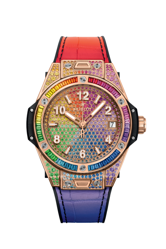 Hublot Big Bang One Click Rainbow King Gold 39 mm Diamond Paved Dial Polished 18K King Gold Alligator Leather Strap 465.OX.9900.LR.0999