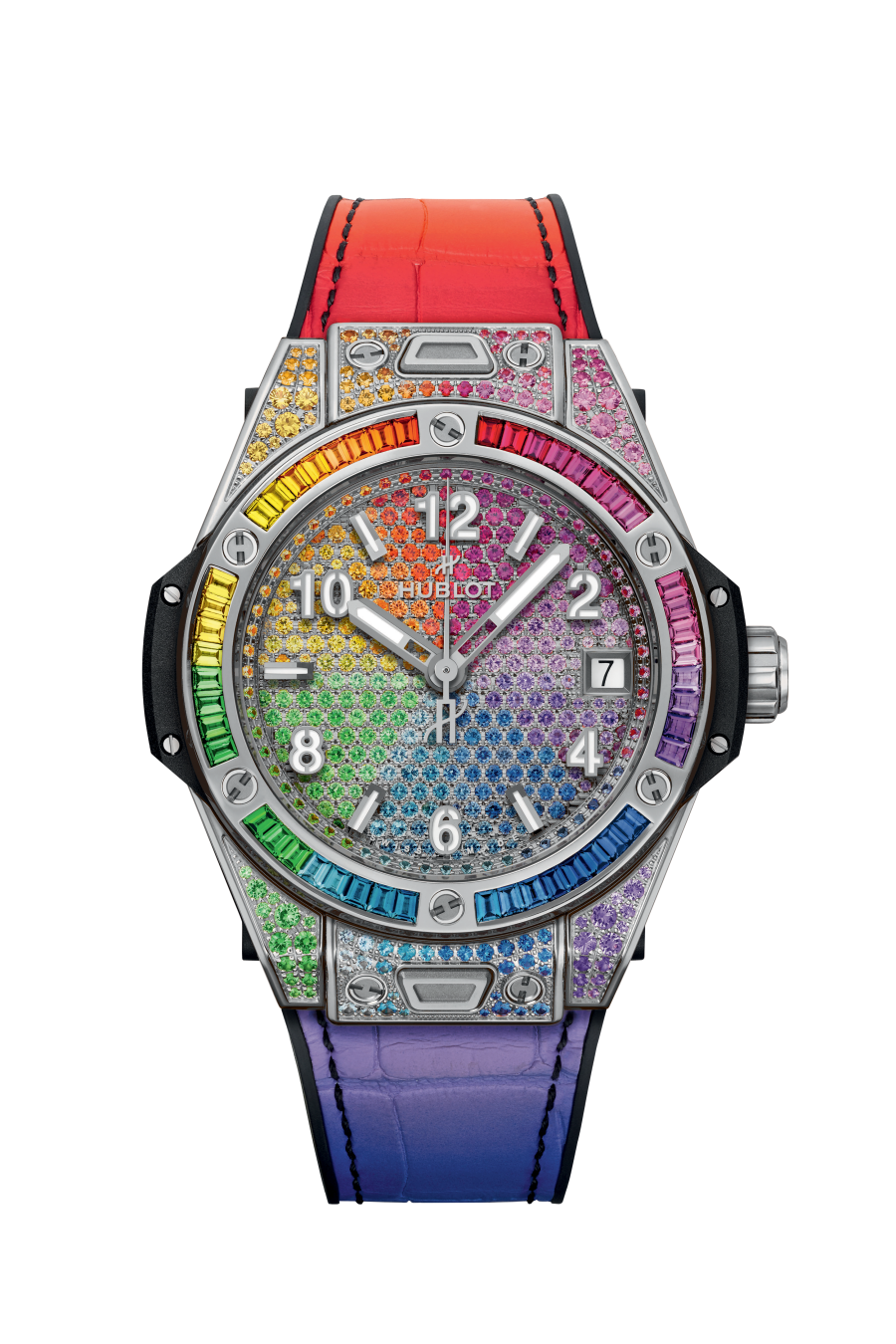 Hublot Big Bang One Click Steel Rainbow 39 mm Diamond Paved Dial Polished Stainless Steel Alligator Leather Strap 465.SX.9900.LR.0999