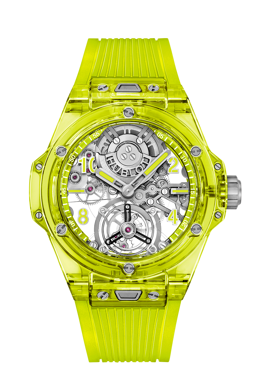 Hublot Big Bang Tourbillon Automatic Yellow Neon Saxem 44 mm Transparent Dial Polished and Microblasted Yellow Neon Saxem Rubber Strap 429.JY.0120.RT