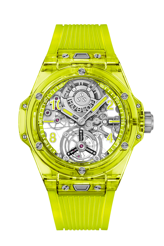 Hublot Big Bang Tourbillon Automatic Yellow Neon Saxem 44 mm Transparent Dial Polished and Microblasted Yellow Neon Saxem Rubber Strap 429.JY.0120.RT