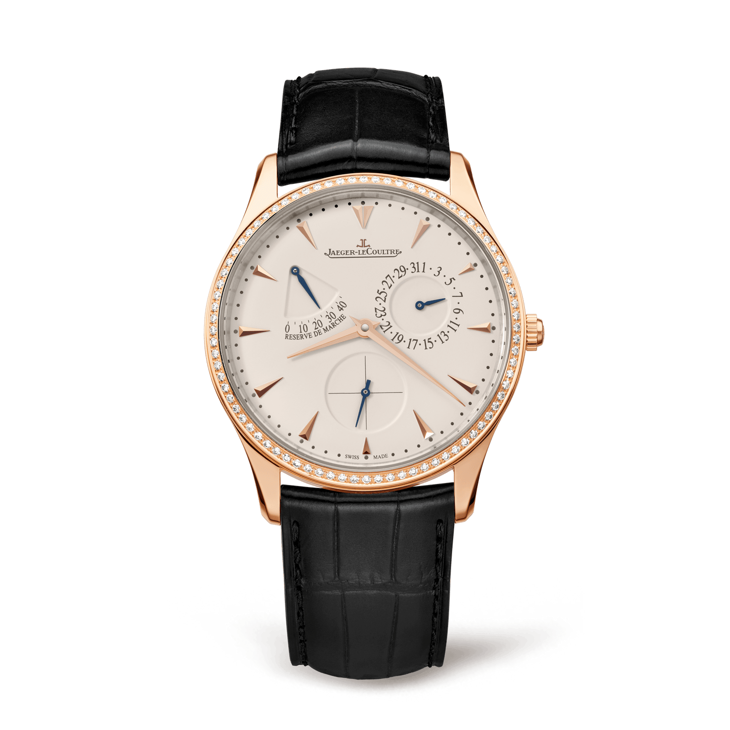 Jaeger-LeCoultre Master Ultra Thin Power Reserve 39 mm Beige Dial with Diamonds Pink Gold Alligator Leather Strap Q1372501