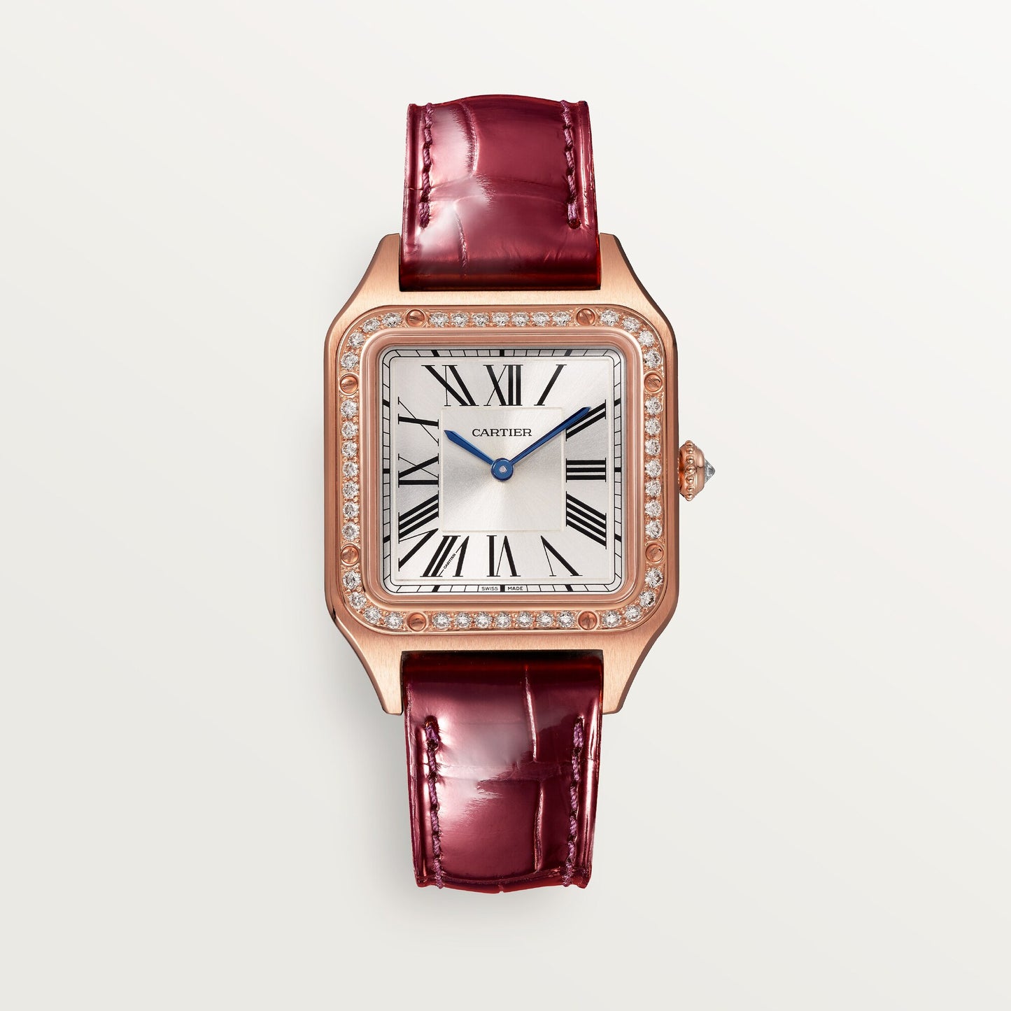 Cartier Santos Small 18k Rose Gold Silver Dial Burgundy Shiny Alligator Leather Strap WJSA0017