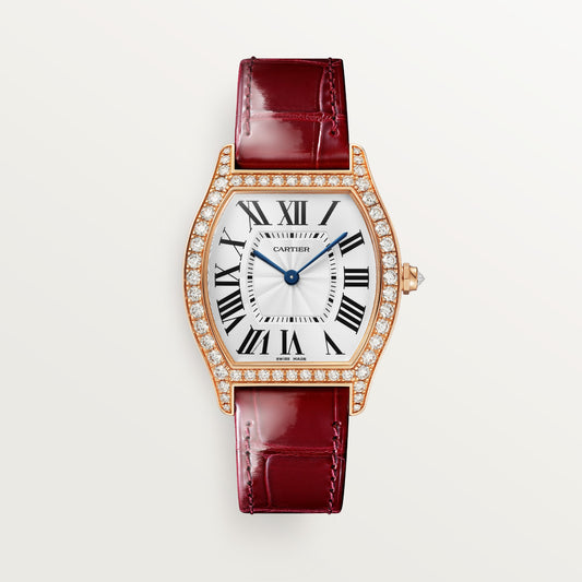 Cartier Tortue Medium Rose Gold Silver Sunray Dial Shiny Bordeaux Alligator Leather WJTO0009