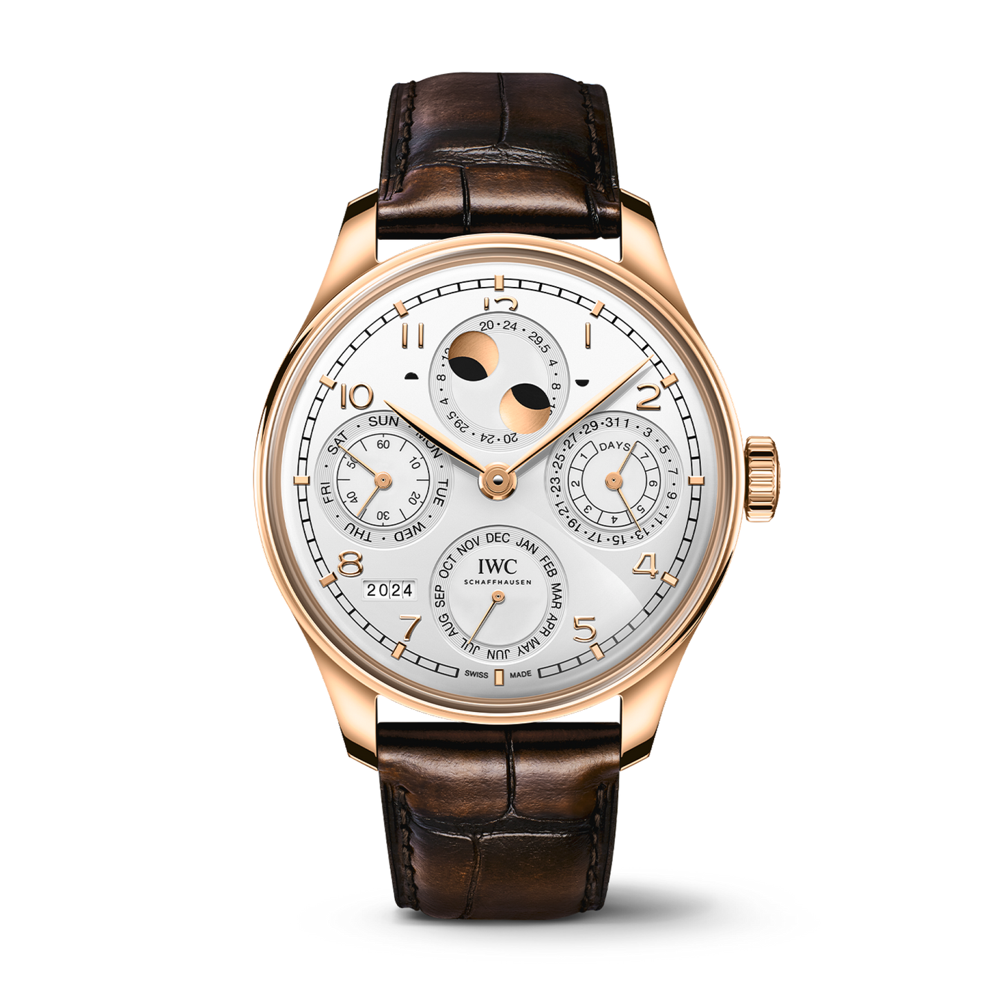 IWC Schaffhausen Portugieser Perpetual Calendar 44.4 mm Silver Dial 18 Kt Armor Gold® Dark Brown Alligator Leather Strap IW503701