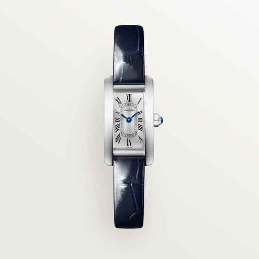 Cartier Tank Américaine Mini Steel Silver Sunray Dial Shiny Blue Alligator Skin Strap WSTA0081