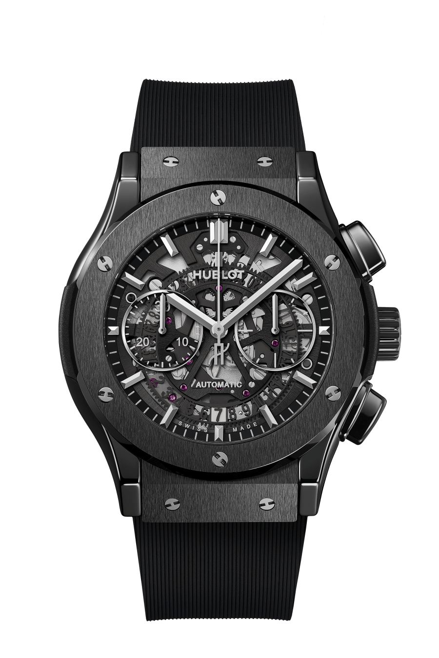 Hublot Classic Fusion Aerofusion Black Magic 45 mm Transparent Dial Polished Black Ceramic Alligator Leather Strap 525.CM.0170.RX