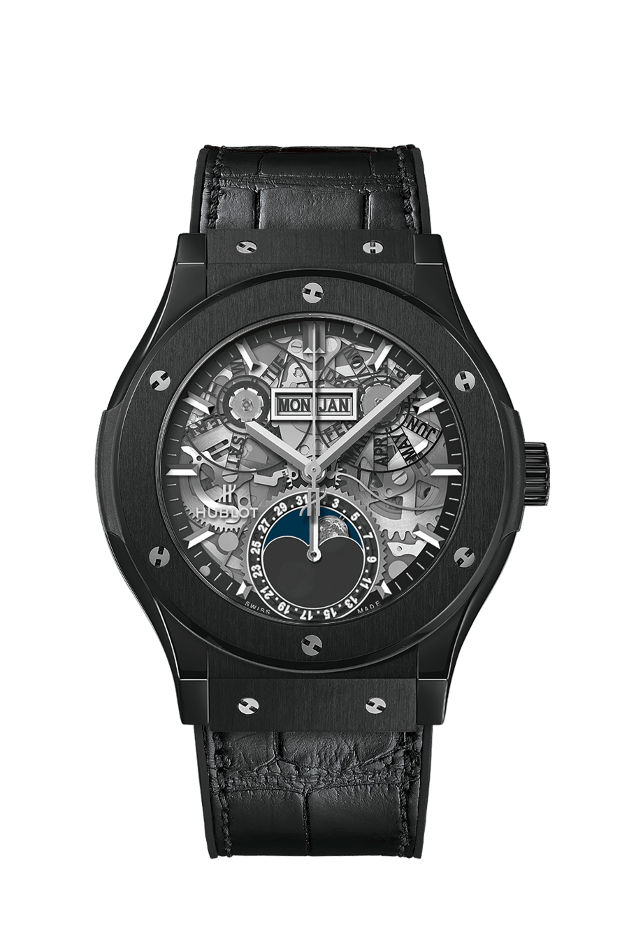 Hublot Classic Fusion Aerofusion Moonphase Black Magic 42 mm Transparent Dial Black Ceramic Alligator Leather Strap 547.CX.0170.LR