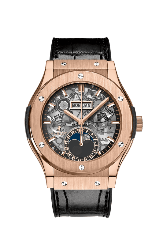 Hublot Classic Fusion Aerofusion Moonphase King Gold 42 mm Transparent Dial 18K King Gold Alligator Leather Strap 547.OX.0180.LR