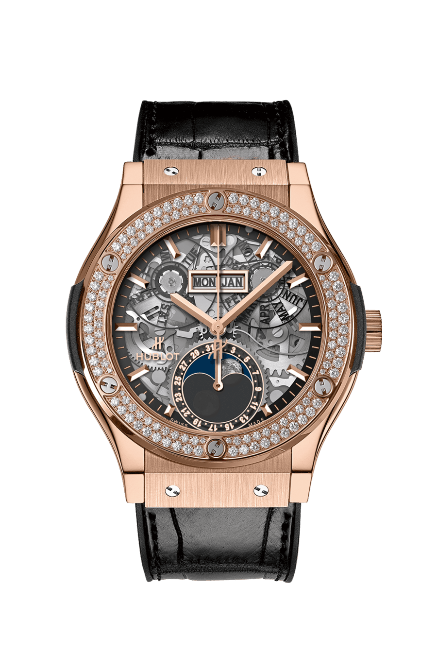 Hublot Classic Fusion Aerofusion Moonphase King with Diamonds Gold Diamonds 42 mm Transparent Dial 18K King Gold Alligator Leather Strap 547.OX.0180.LR.1104