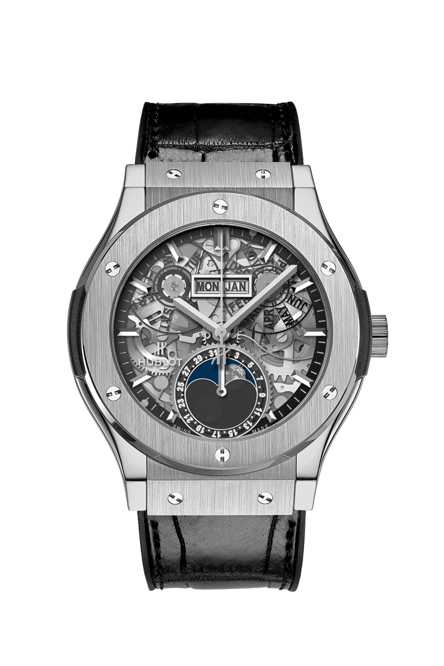 Hublot Classic Fusion Aerofusion Moonphase Titanium 42 mm Transparent Dial Polished Titanium Alligator Leather Strap 547.NX.0170.LR