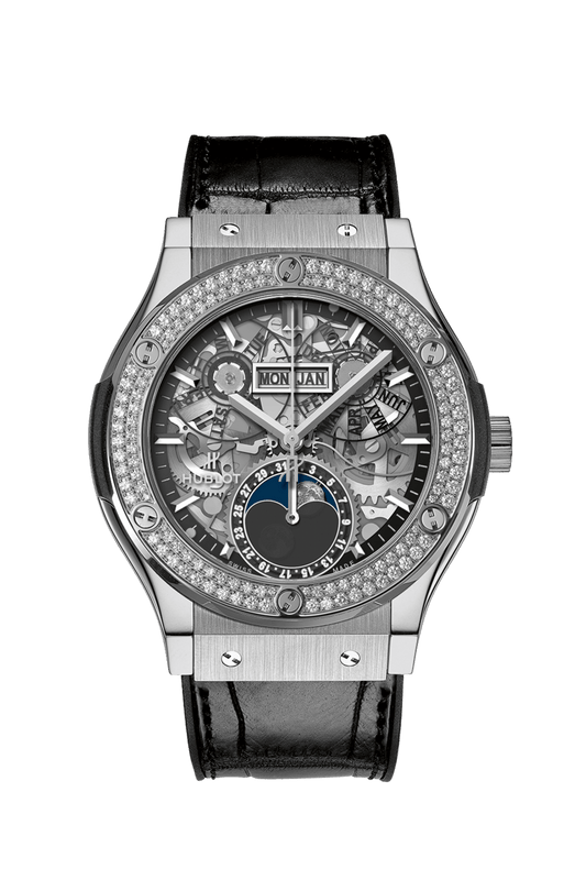 Hublot Classic Fusion Aerofusion Moonphase Titanium Diamonds 42 mm Transparent Dial with Diamonds Polished Titanium Alligator Leather Strap 547.NX.0170.LR.1104