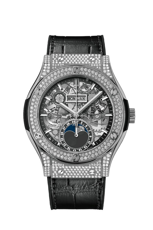 Hublot Classic Fusion Aerofusion Moonphase Titanium Pavé 42 mm Transparent Dial with Diamonds Polished Titanium Alligator Leather Strap 547.NX.0170.LR.1704