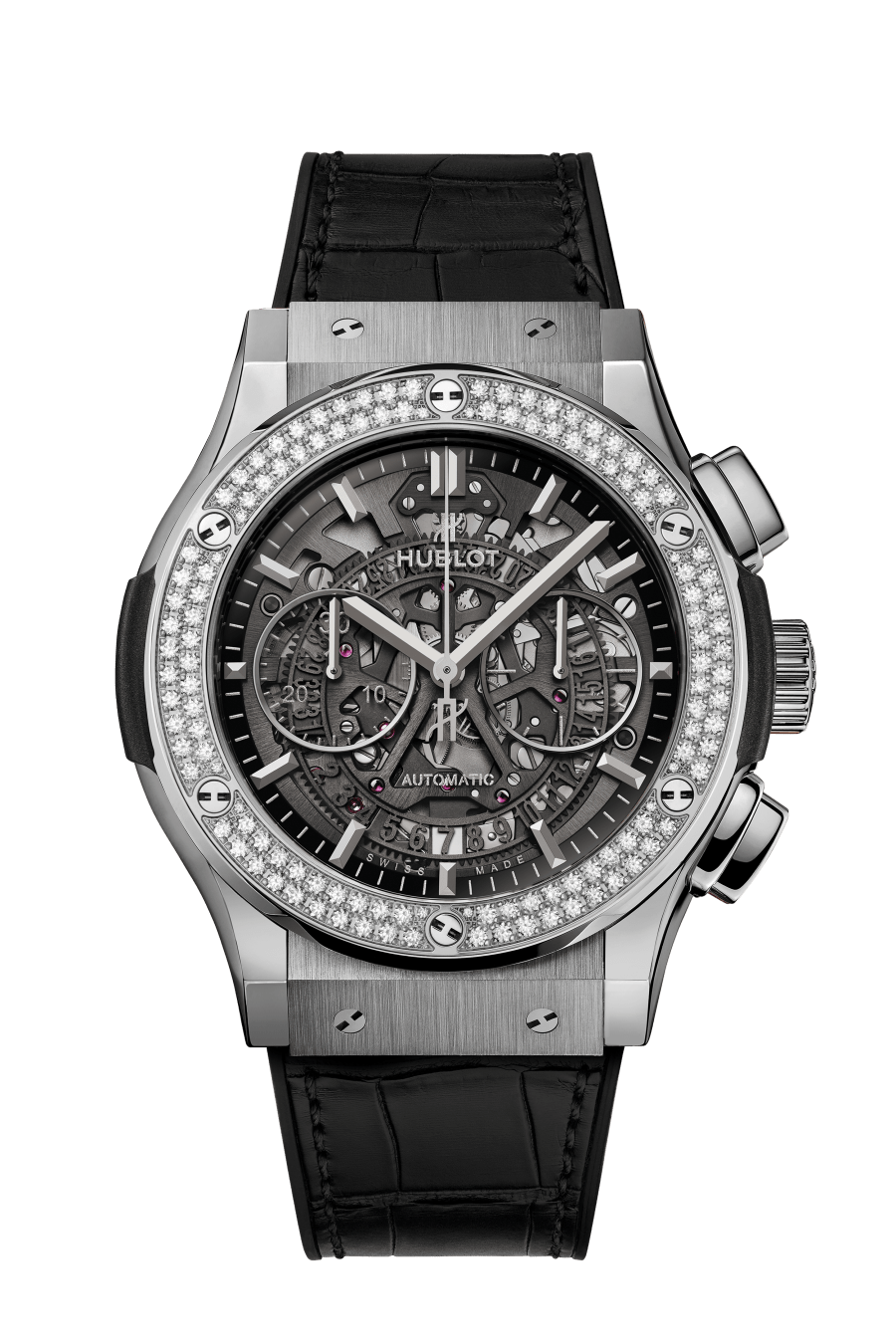 Hublot Classic Fusion Aerofusion Titanium Diamonds 45 mm Transparent Dial with Diamonds Polished Titanium Alligator Leather Strap 525.NX.0170.LR.1104