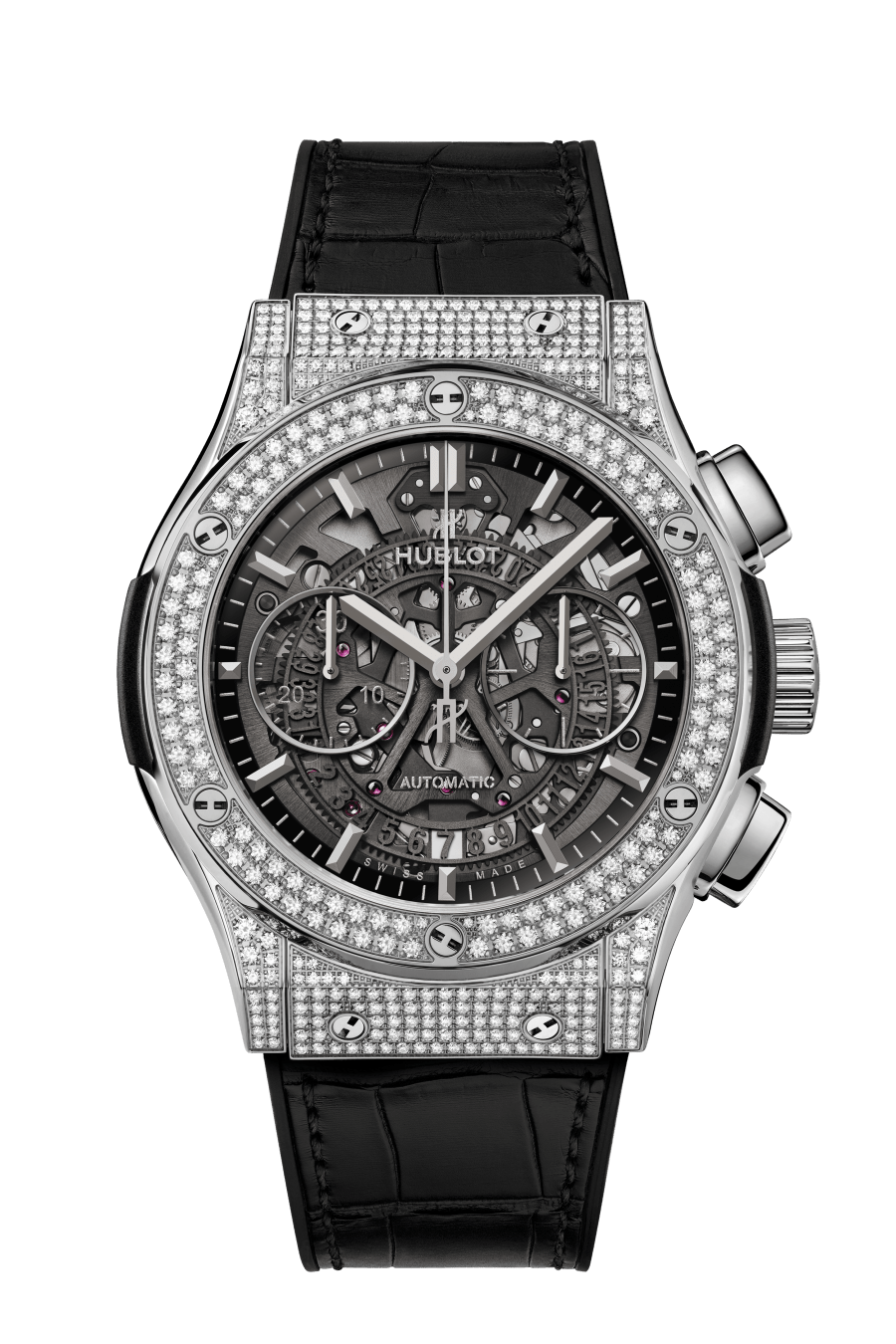 Hublot Classic Fusion Aerofusion Titanium Pavé 45 mm Transparent Dial with Diamonds Polished Titanium Alligator Leather Strap 525.NX.0170.LR.1704