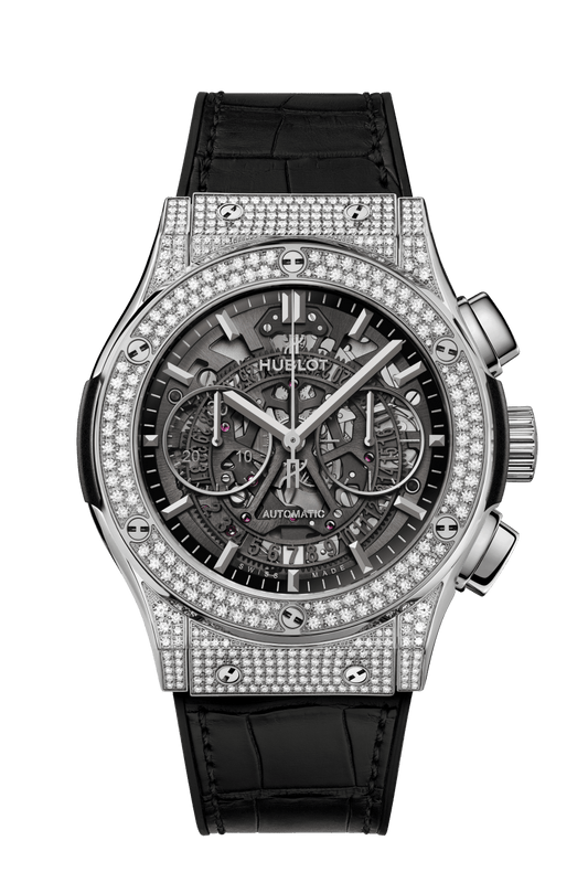 Hublot Classic Fusion Aerofusion Titanium Pavé 45 mm Transparent Dial with Diamonds Polished Titanium Alligator Leather Strap 525.NX.0170.LR.1704