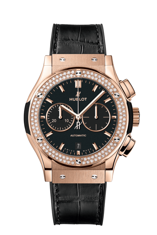 Hublot Classic Fusion Chronograph King Gold Diamonds 42 mm Black Dial with Diamonds Polished 18K King Gold Alligator Leather Strap 541.OX.1181.LR.1104