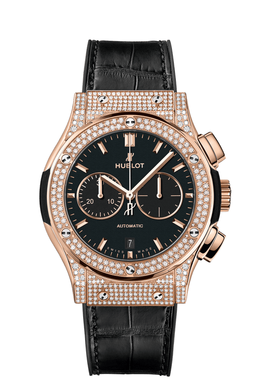 Hublot Classic Fusion Chronograph King Gold Pavé 42 mm Black Dial with Diamonds Polished 18K King Gold Alligator Leather Strap 541.OX.1181.LR.1704