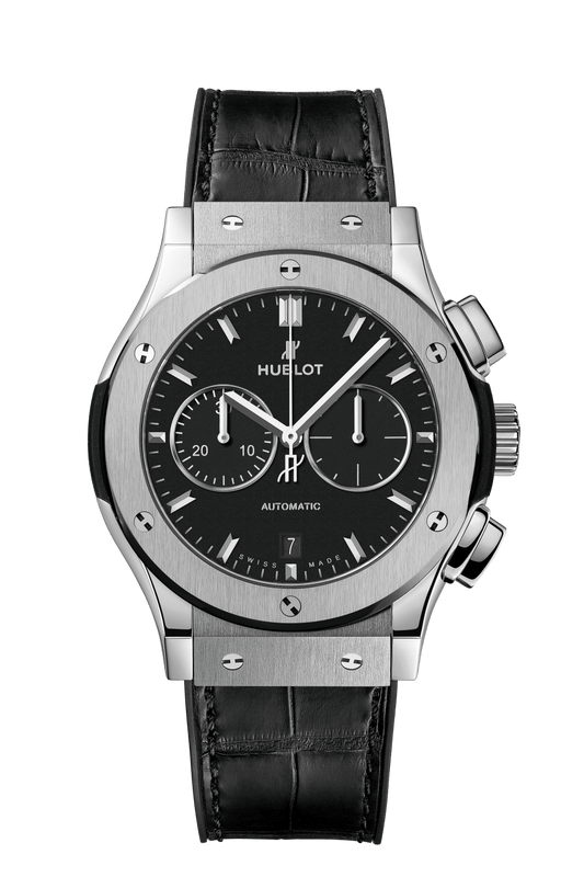 Hublot Classic Fusion Chronograph Titanium 42 mm Black Dial Polished Titanium Alligator Leather Strap 541.NX.1171.LR