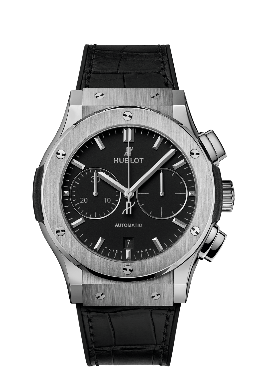 Hublot Classic Fusion Chronograph Titanium 45 mm Black Dial Polished Titanium Alligator Leather Strap 521.NX.1171.LR