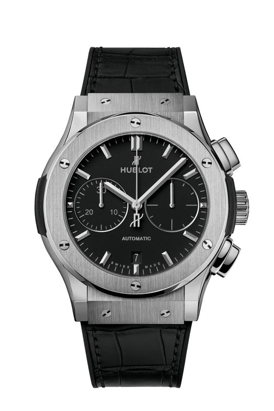 Hublot Classic Fusion Chronograph Titanium 45 mm Black Dial Polished Titanium Alligator Leather Strap 521.NX.1171.LR