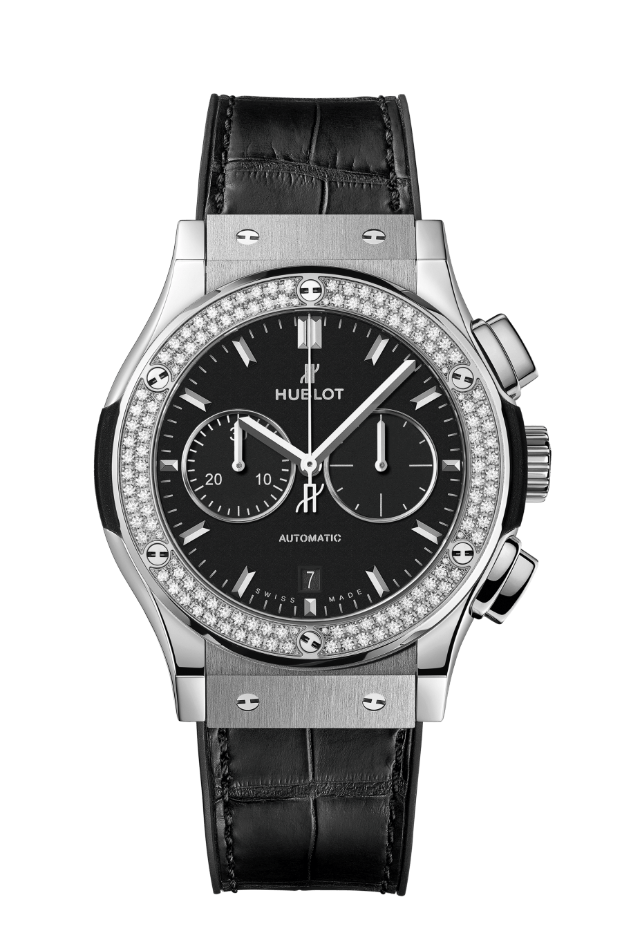 Hublot Classic Fusion Chronograph Titanium Diamonds 42 mm Black Dial with Diamonds Polished Titanium Alligator Leather Strap 541.NX.1171.LR.1104