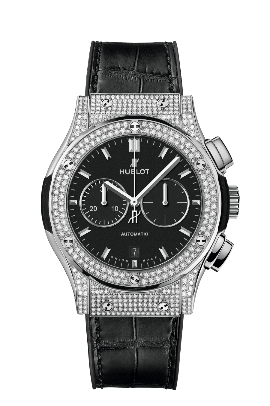 Hublot Classic Fusion Chronograph Titanium Pavé 42 mm Black Dial with Diamonds Polished Titanium Alligator Leather Strap 541.NX.1171.LR.1704