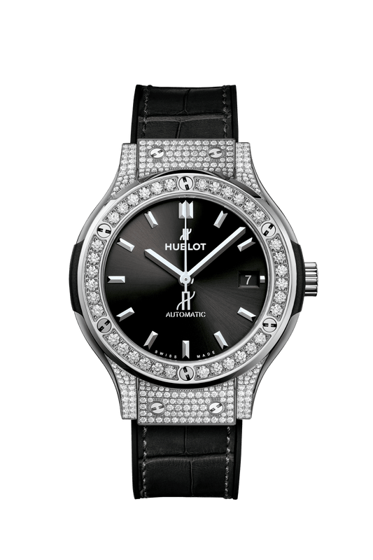 Hublot Classic Fusion Titanium Pavé 38 mm Black Dial with Diamonds Polished Titanium Alligator Leather Strap 565.NX.1470.LR.1604