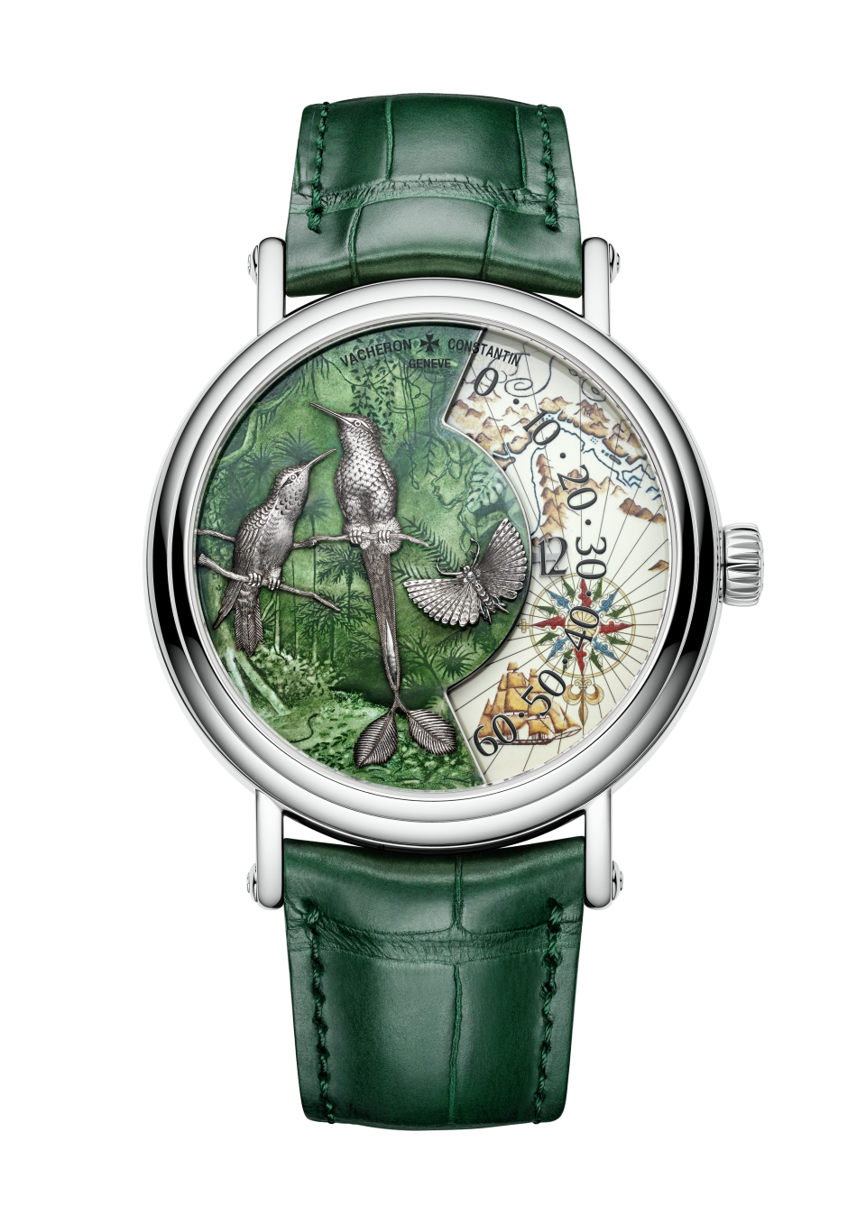 Vacheron Constantin Métiers d'Art Tribute to Explorer Naturalists - Terre de feu 41 mm Green Dial White Gold Alligator Leather Strap 7500U/000G-B993