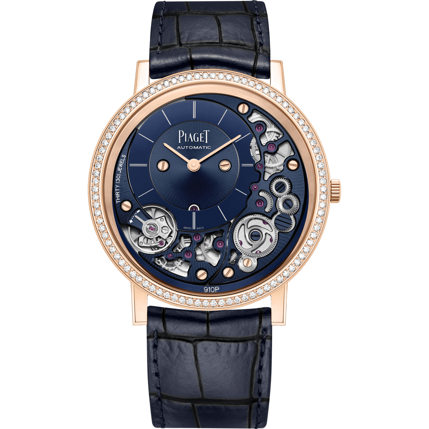 Piaget Altiplano Ultimate Automatic watch 41 mm Blue Dial with Diamonds 18k Rose Gold Alligator Strap G0A47124