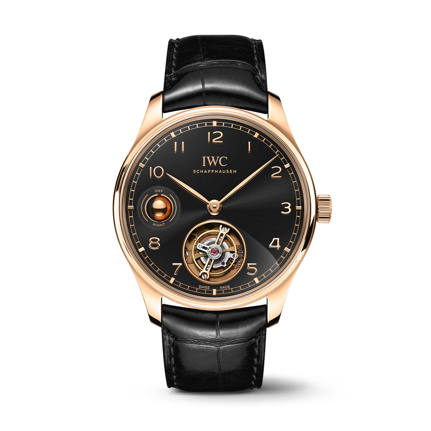 IWC Schaffhausen Portugieser Hand-Wound Tourbillon Day & Night 42 mm Black Dial 18k Armor Gold Black Alligator Leather Strap IW545901