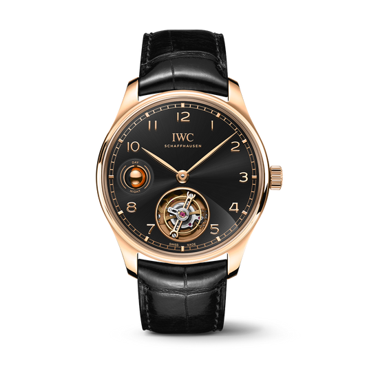 IWC Schaffhausen Portugieser Hand-Wound Tourbillon Day & Night 42 mm Black Dial 18k Armor Gold Black Alligator Leather Strap IW545901