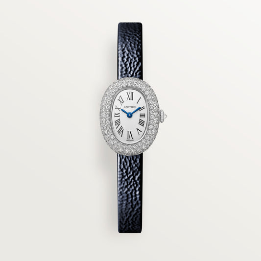 Cartier Baignoire Mini 18k White Gold Silver Dial Varnished Navy Blue Calfskin Strap WJBA0050