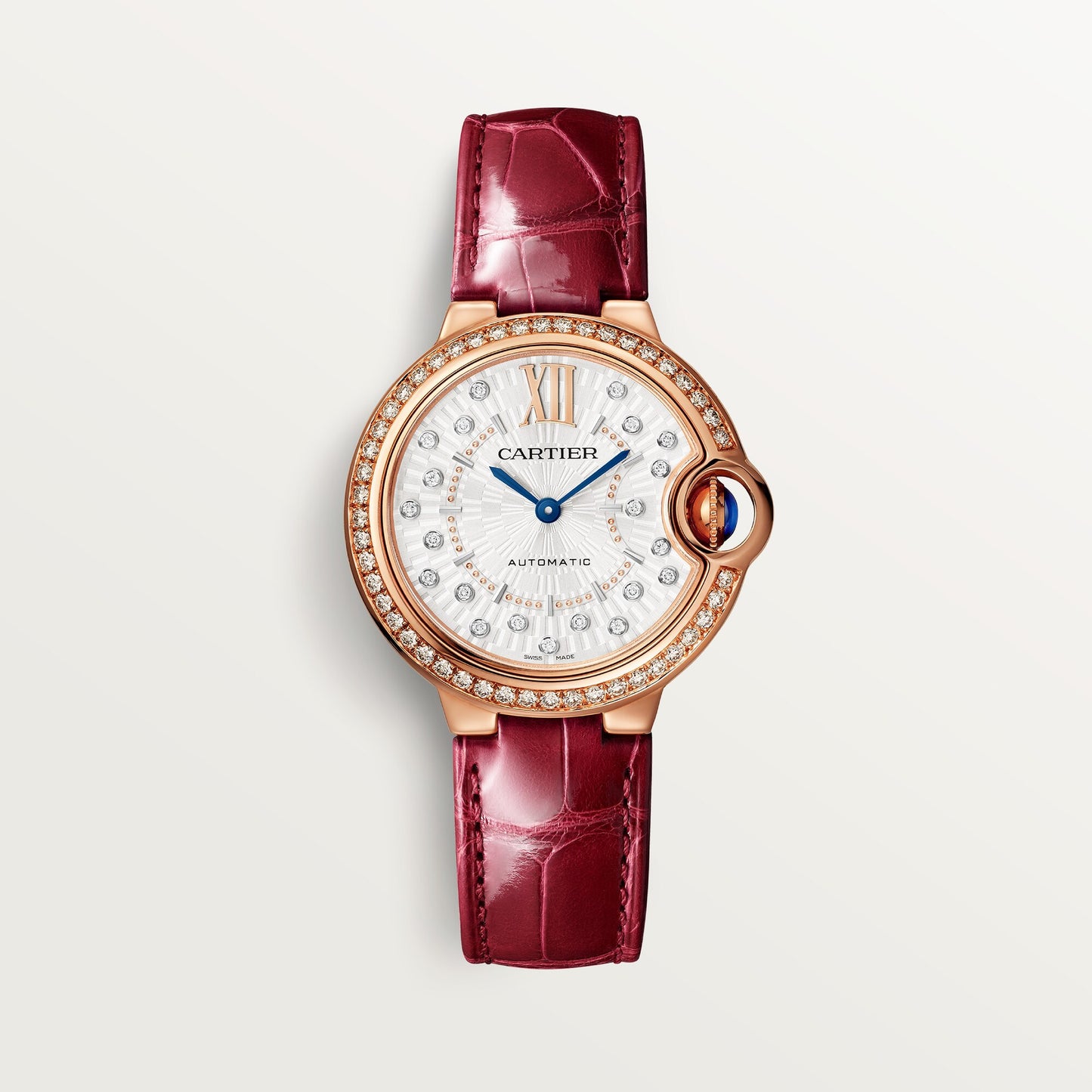 Cartier Ballon Bleu 33 mm Rose Gold Silver Sunray Dial Burgundy Alligator Leather Strap WJBB0080