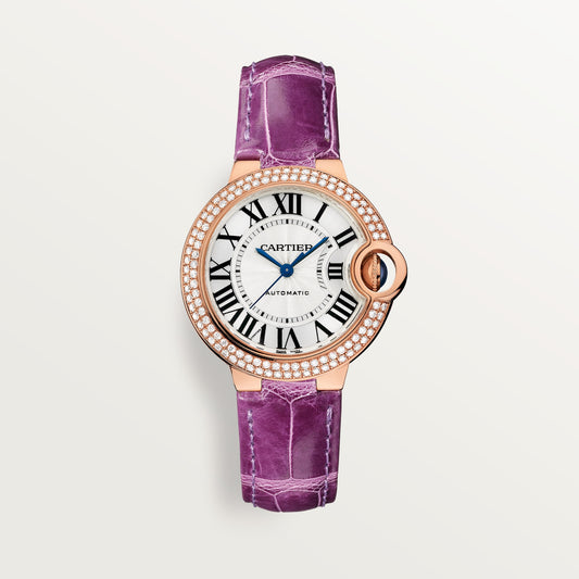 Cartier Ballon Bleu 33 mm Rose Gold Silver Dial Purple Alligator Leather Strap WJBB0051