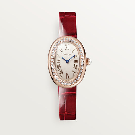 Cartier Baignoire Small 18k Rose Gold Silver Dial Varnished Red Alligator Skin Strap WJBA0031