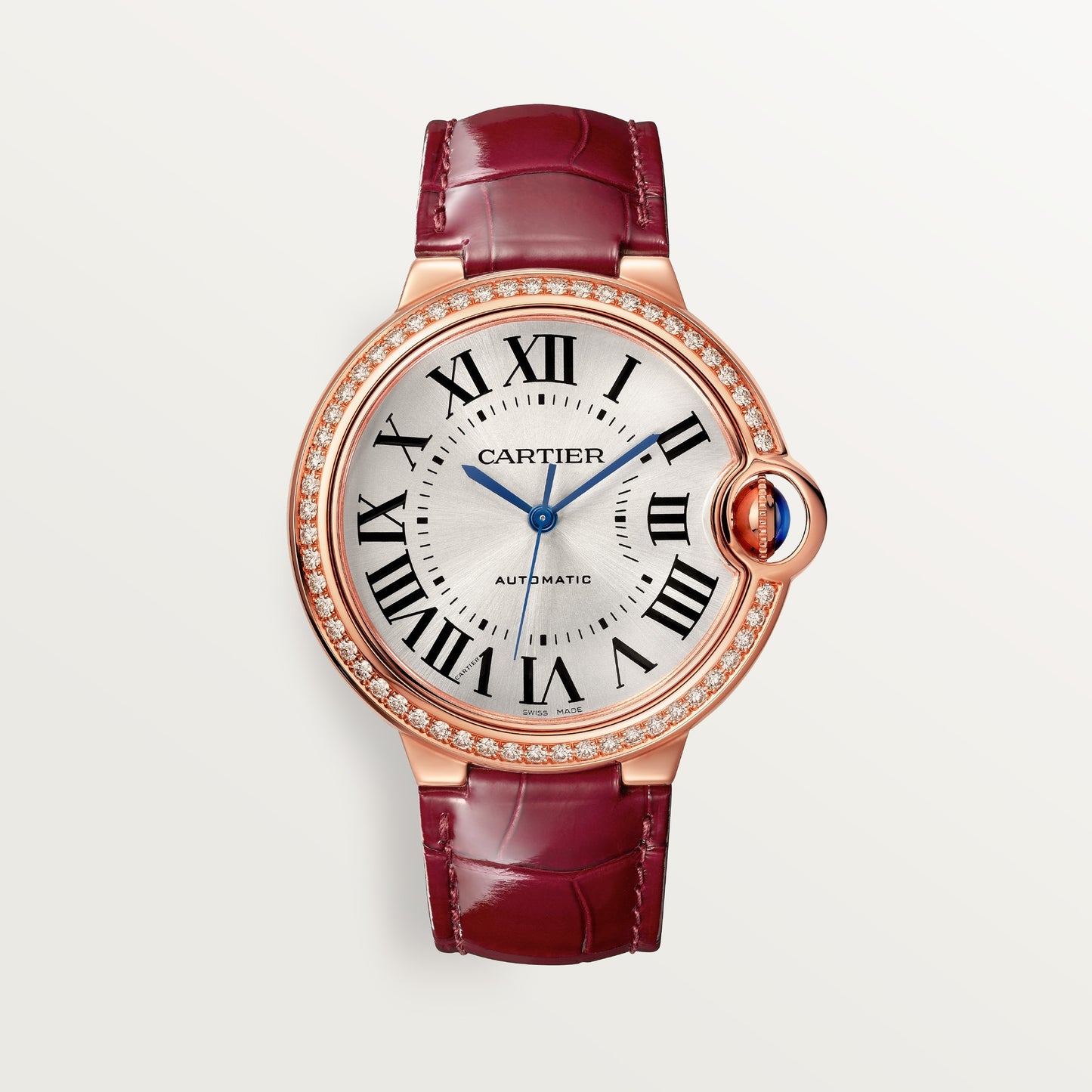 Cartier Ballon Bleu 36 mm Rose Gold Silver Sunray Dial Burgundy Alligator Leather Strap WJBB0034