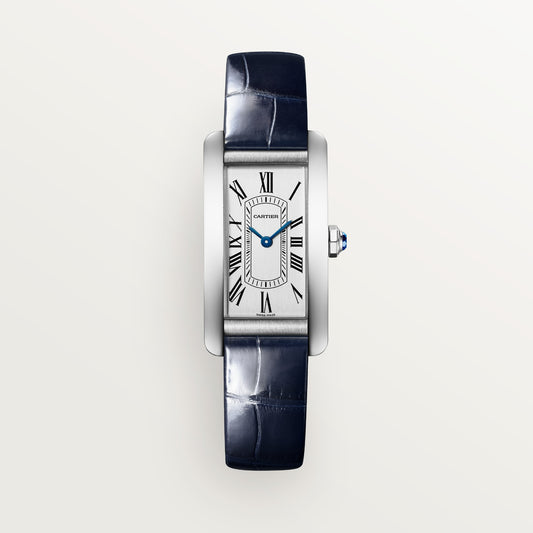 Cartier Tank Américaine Small Steel Silver Dial Shiny Blue Alligator Skin Strap WSTA0082